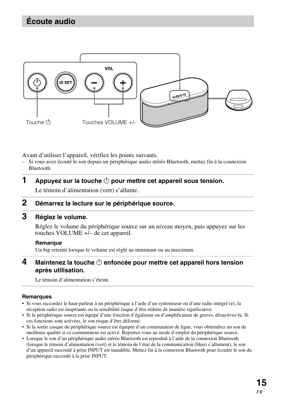 Écoute audio | Sony SRS-BT100 User Manual | Page 35 / 64