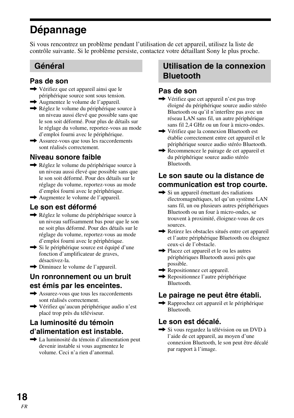 Dépannage, Général, Utilisation de la connexion bluetooth | Général utilisation de la connexion, Bluetooth | Sony SRS-BT100 User Manual | Page 38 / 64