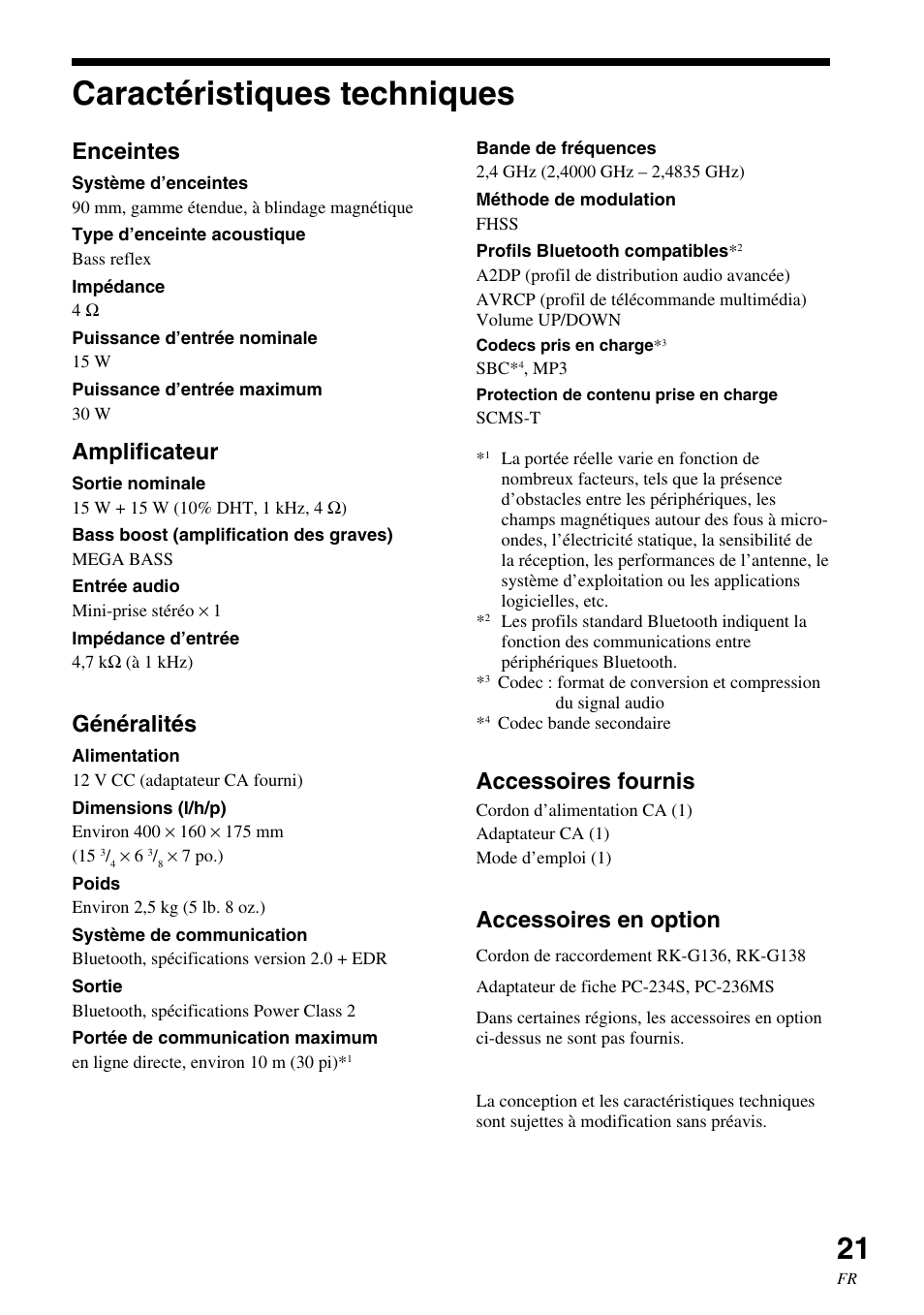 Caractéristiques techniques, Caractéristiques, Techniques | Enceintes, Amplificateur, Généralités, Accessoires fournis, Accessoires en option | Sony SRS-BT100 User Manual | Page 41 / 64