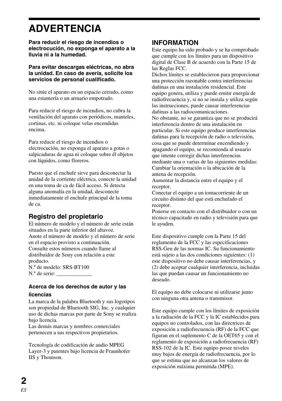 Advertencia | Sony SRS-BT100 User Manual | Page 42 / 64