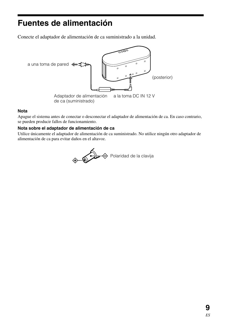 Fuentes de alimentación | Sony SRS-BT100 User Manual | Page 49 / 64