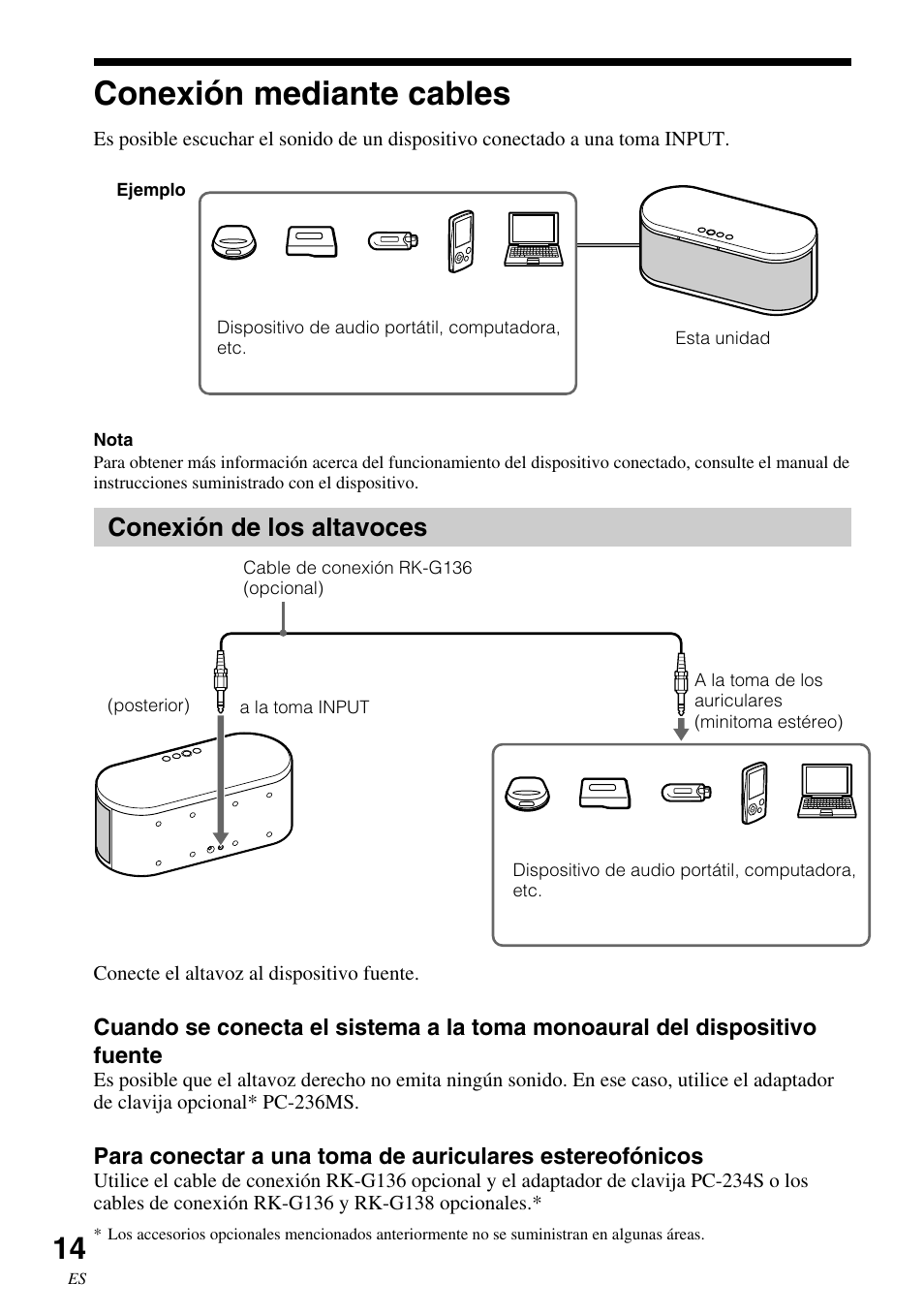 Conexión mediante cables, Conexión de los altavoces | Sony SRS-BT100 User Manual | Page 54 / 64