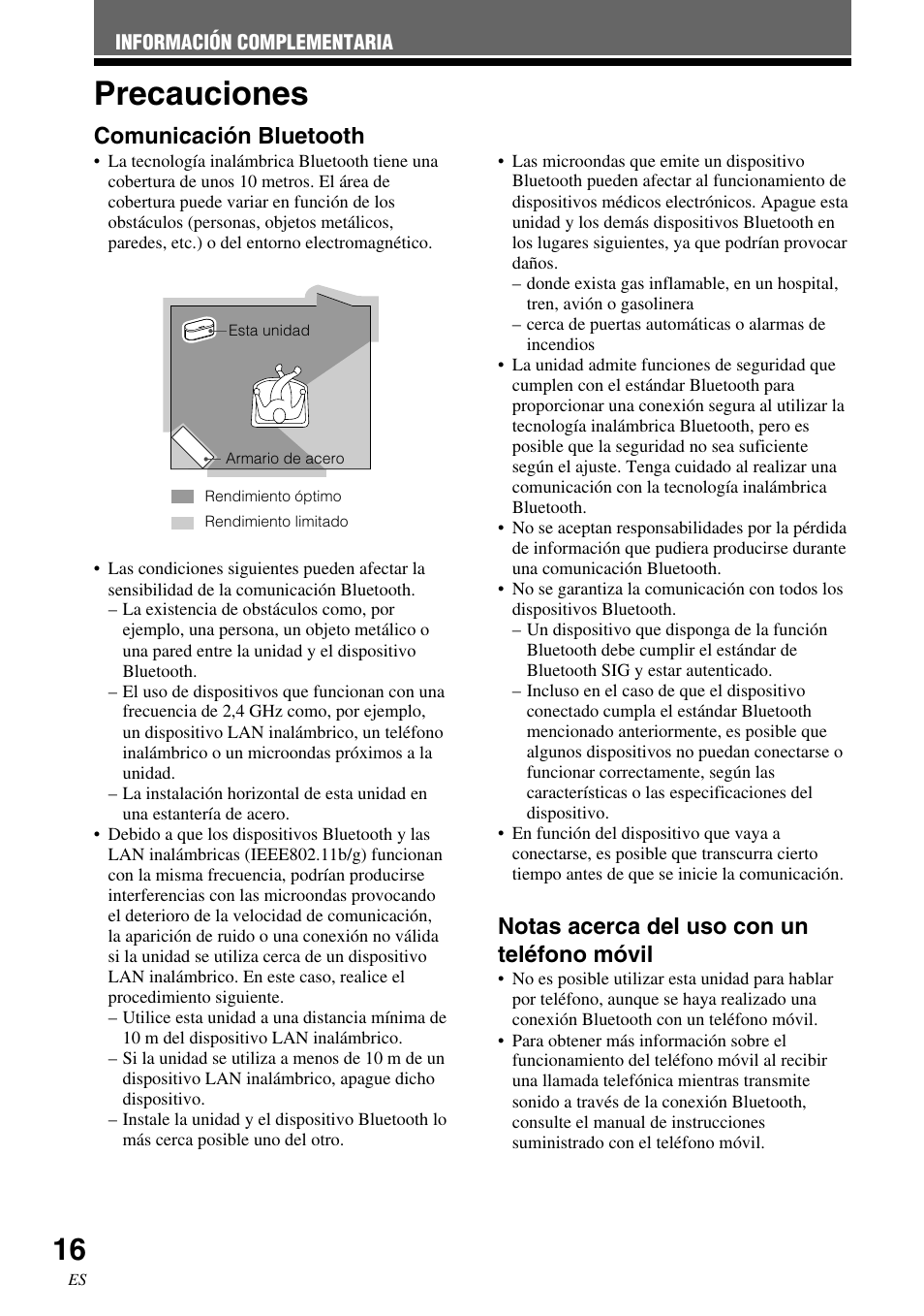 Precauciones, Comunicación bluetooth, Notas acerca del uso con un teléfono móvil | Sony SRS-BT100 User Manual | Page 56 / 64