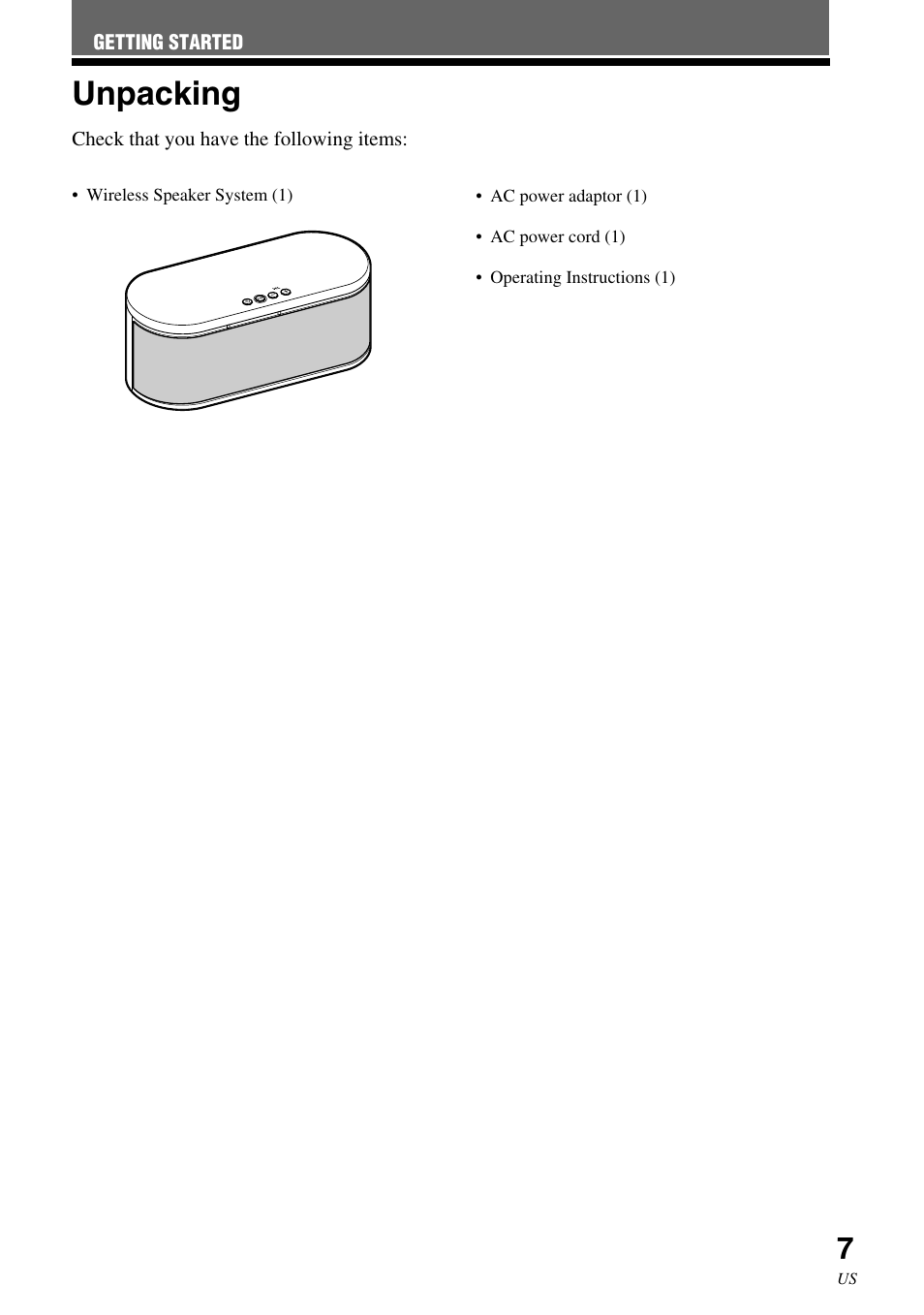 Unpacking | Sony SRS-BT100 User Manual | Page 7 / 64