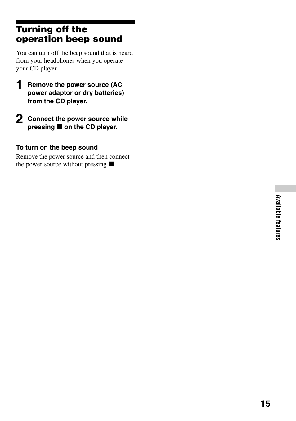 Turning off the operation beep sound | Sony D-F21 User Manual | Page 15 / 24