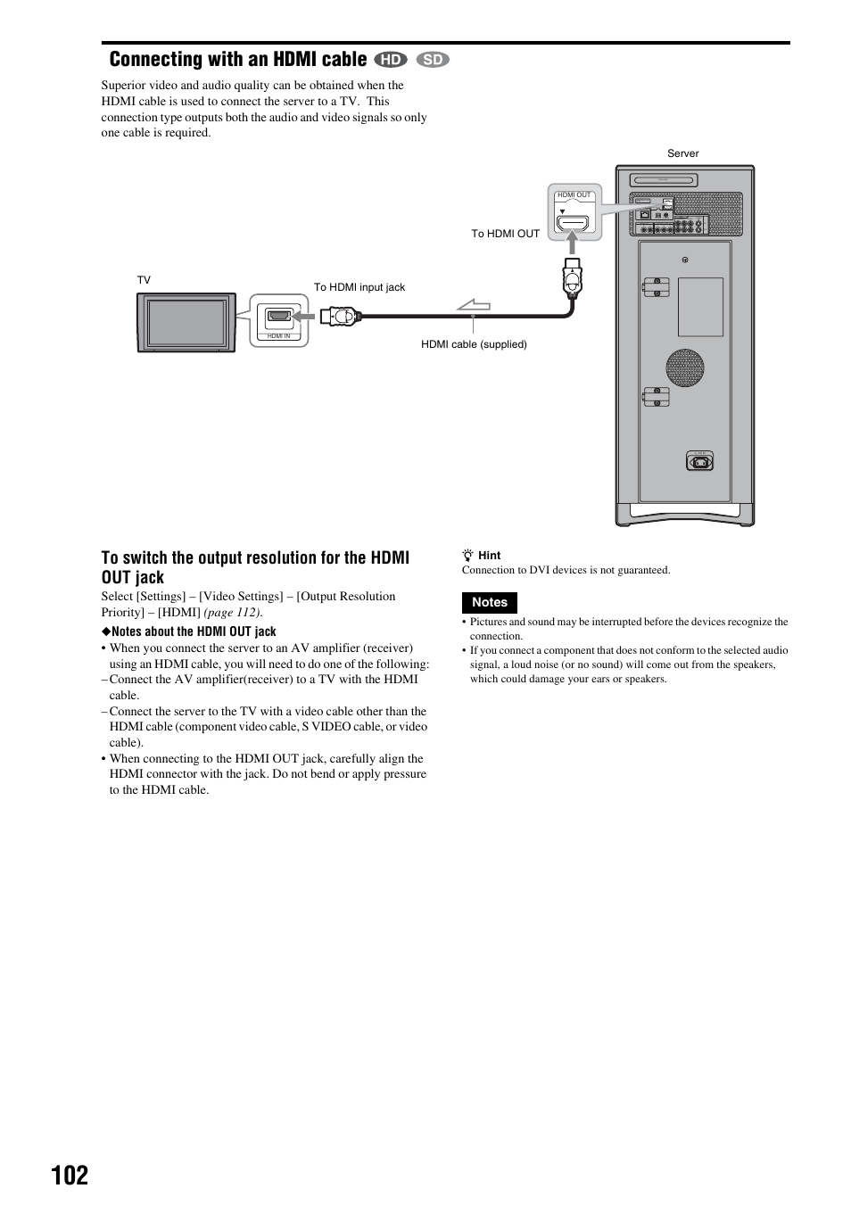 Connecting with an hdmi cable | Sony HES-V1000 User Manual | Page 102 / 155