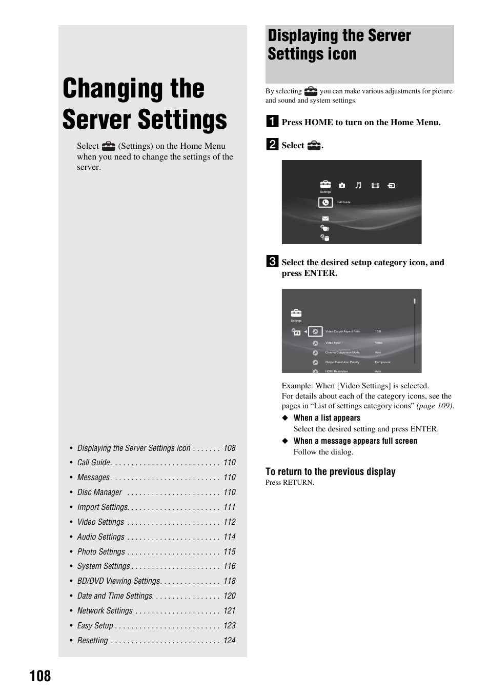 Changing the server settings, Displaying the server settings icon | Sony HES-V1000 User Manual | Page 108 / 155