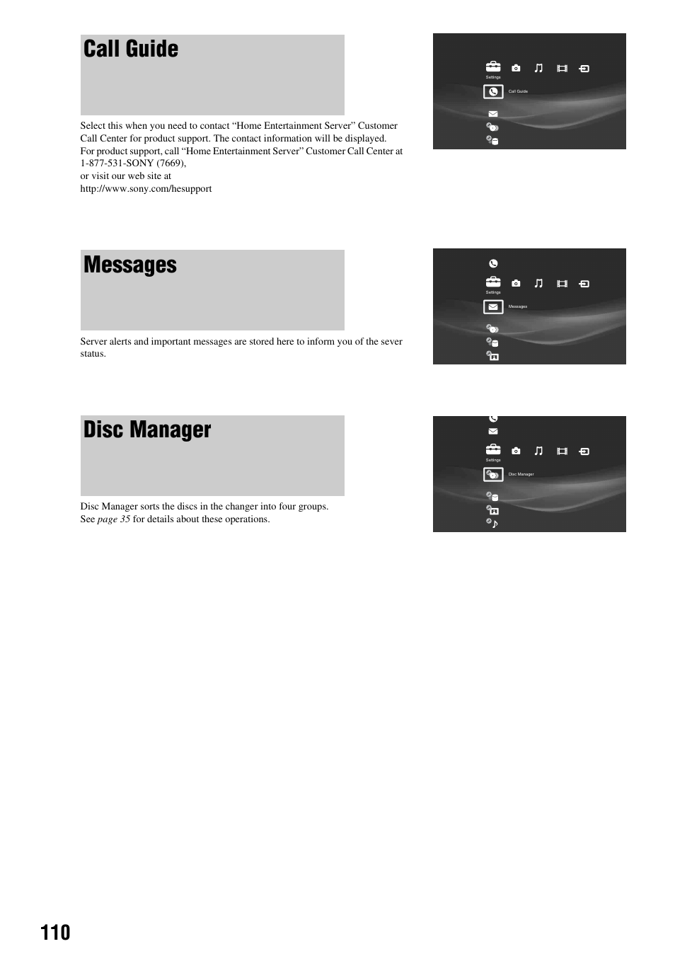 Call guide, Messages, Disc manager | Sony HES-V1000 User Manual | Page 110 / 155