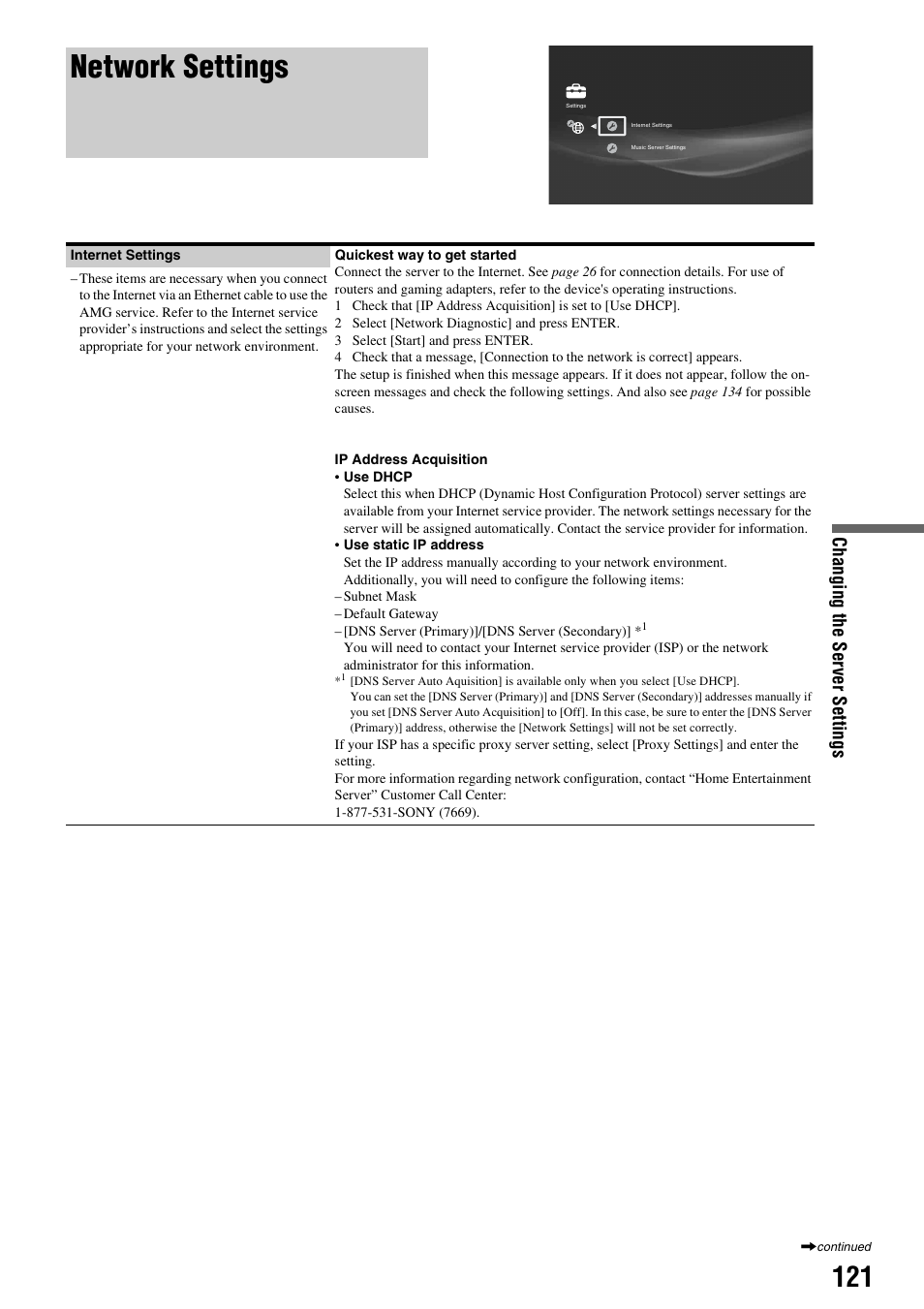 Network settings, Chan ging the s e rv er sett ings | Sony HES-V1000 User Manual | Page 121 / 155