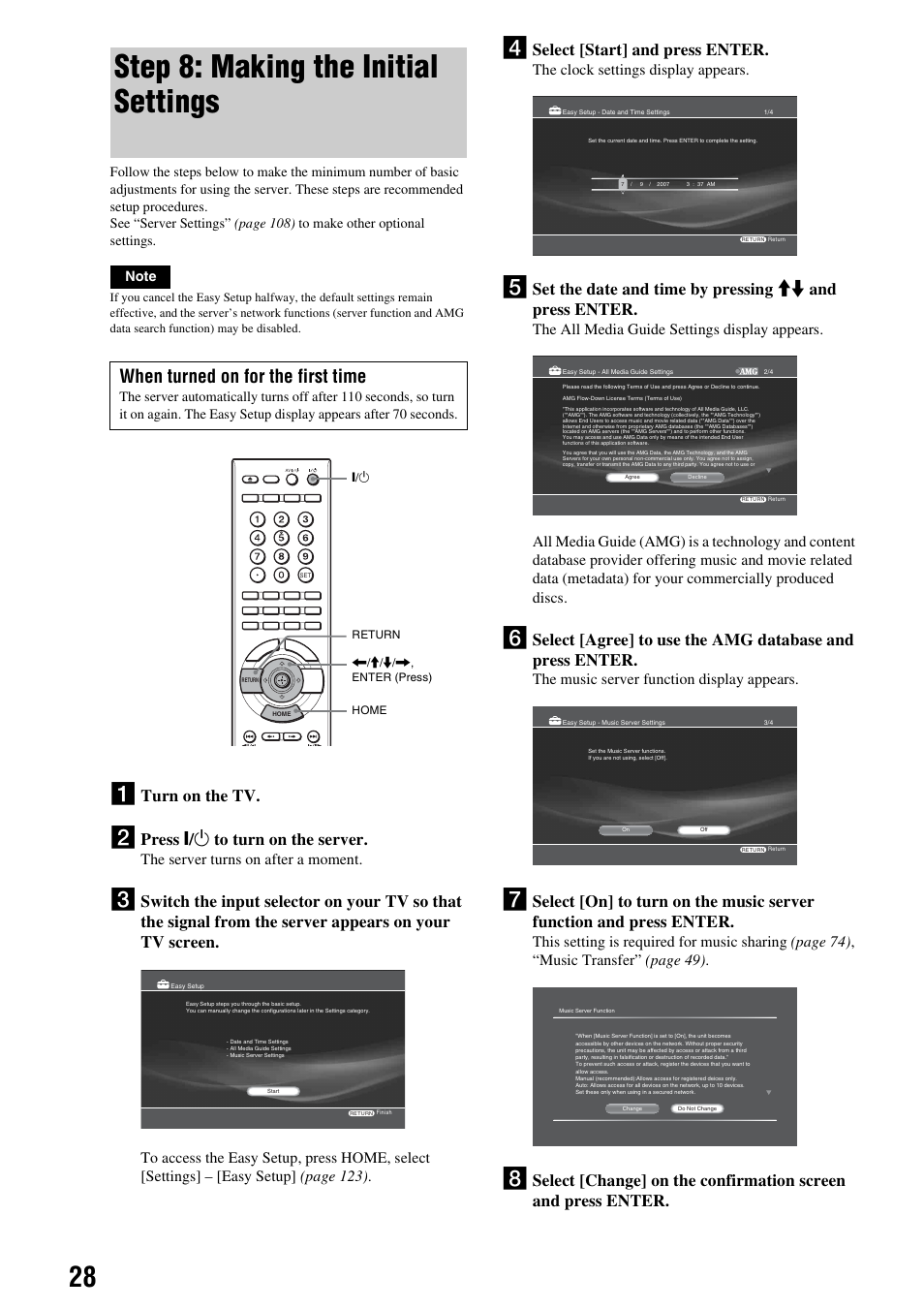Step 8: making the initial settings, When turned on for the first time, Turn on the tv | Press [ / 1 to turn on the server, Select [start] and press enter, The server turns on after a moment, The clock settings display appears, The music server function display appears | Sony HES-V1000 User Manual | Page 28 / 155