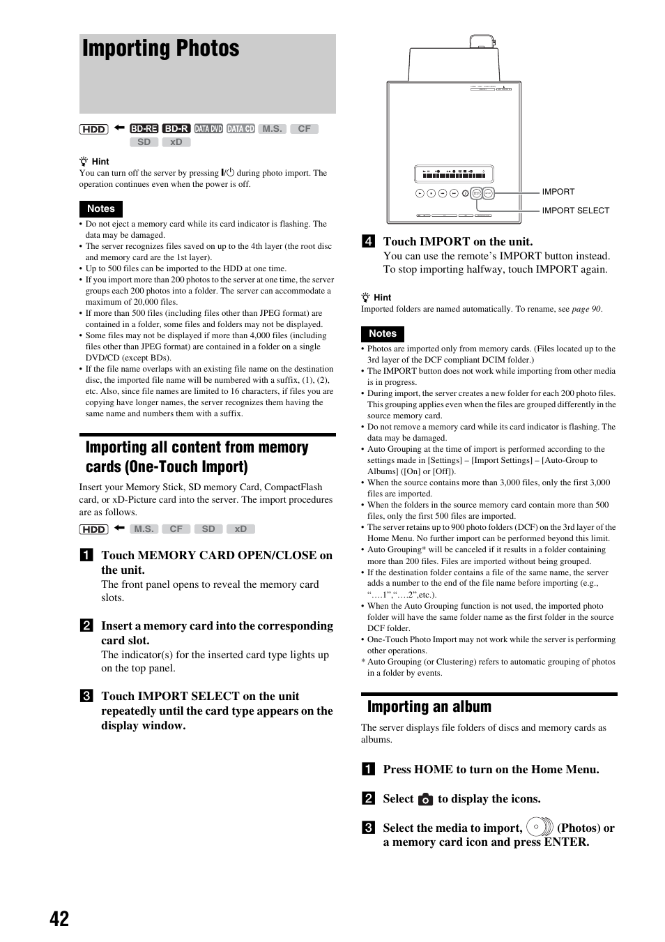 Importing photos, Importing an album, Importing all content from memory cards | One-touch import) | Sony HES-V1000 User Manual | Page 42 / 155