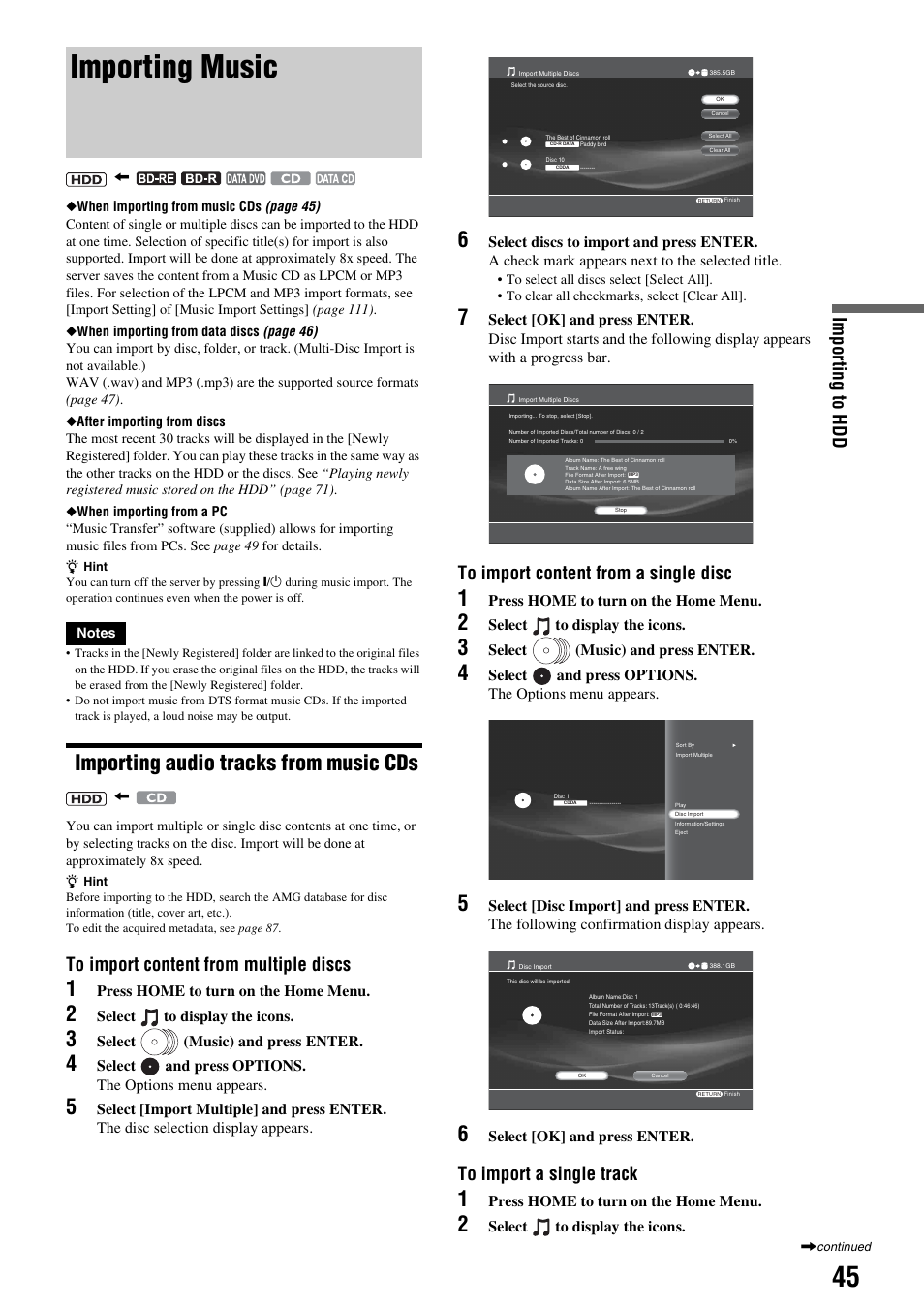 Importing music, Importing audio tracks from music cds, Im por ting to hdd | Sony HES-V1000 User Manual | Page 45 / 155