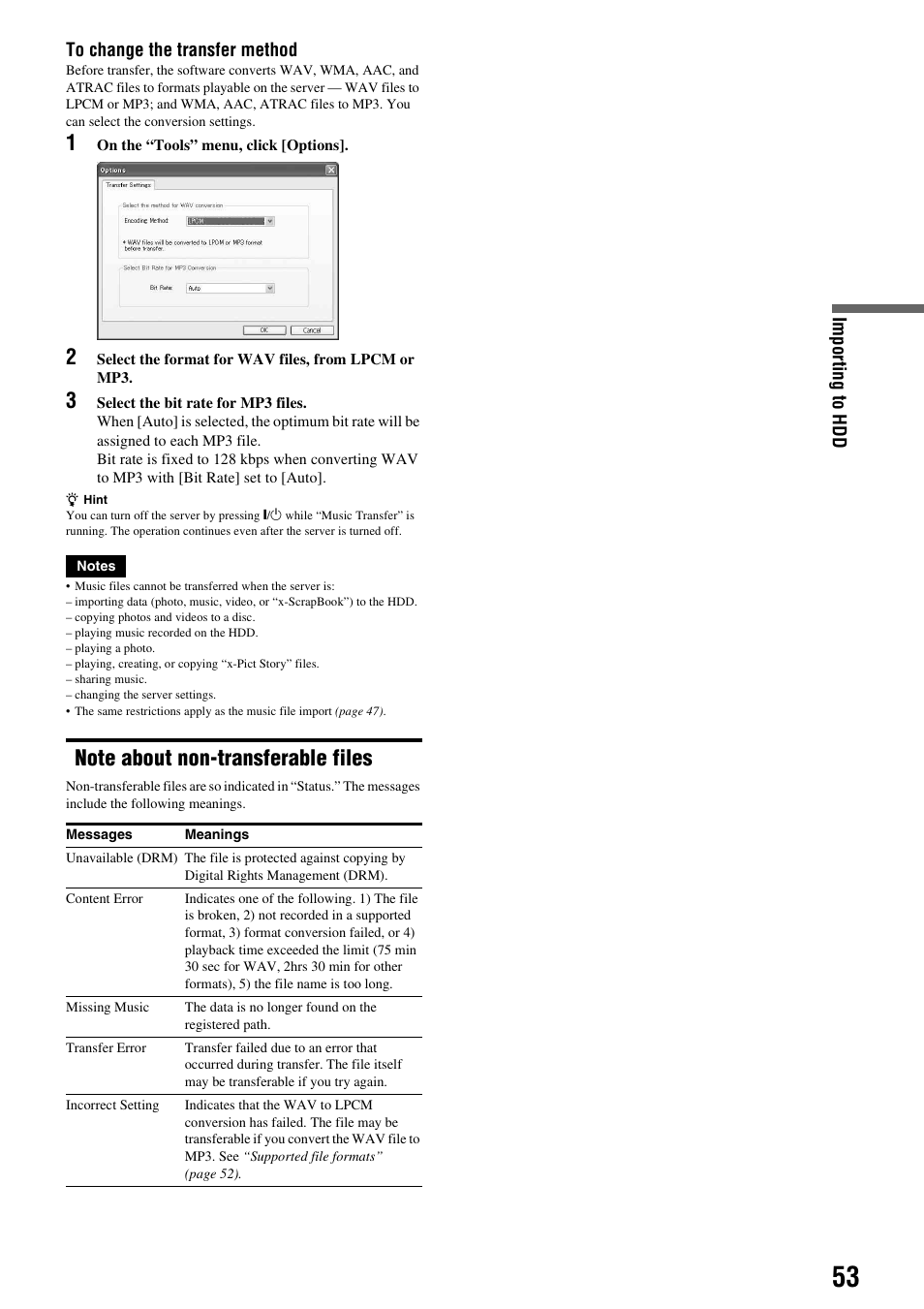 Note about non-transferable files | Sony HES-V1000 User Manual | Page 53 / 155