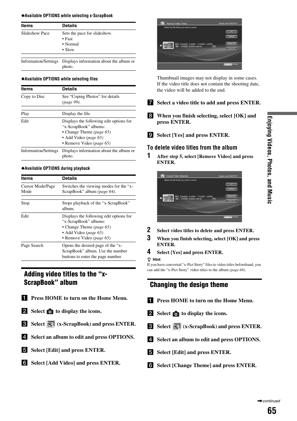 Adding video titles to the “x- scrapbook” album, Changing the design theme, Adding video titles to the “x-scrapbook | Album, Enjoying v ideos , p hotos, and m u si c | Sony HES-V1000 User Manual | Page 65 / 155