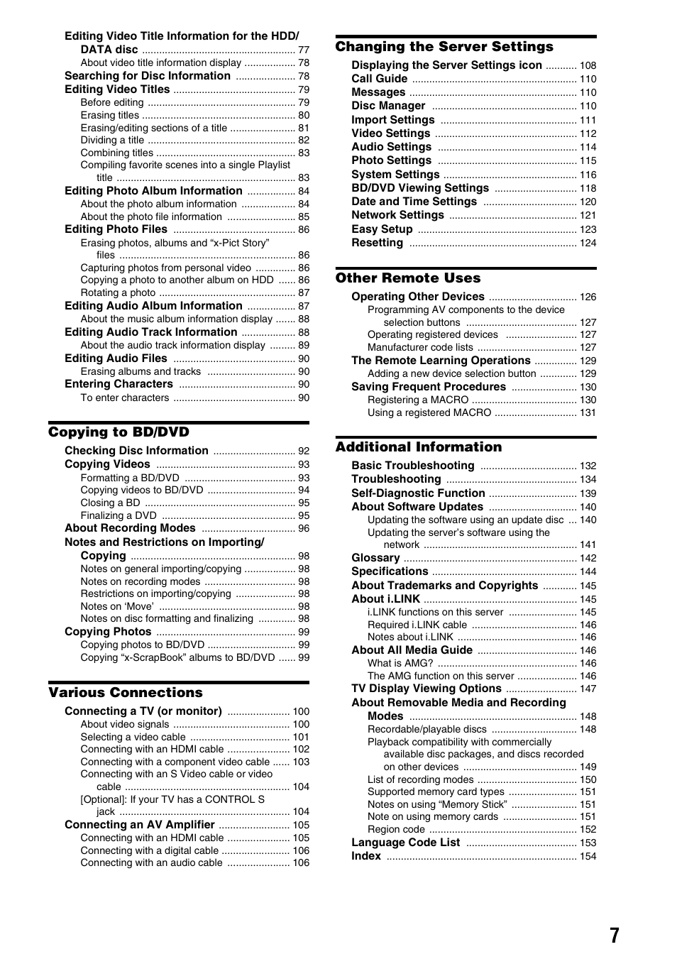 Copying to bd/dvd, Various connections, Changing the server settings | Other remote uses, Additional information | Sony HES-V1000 User Manual | Page 7 / 155