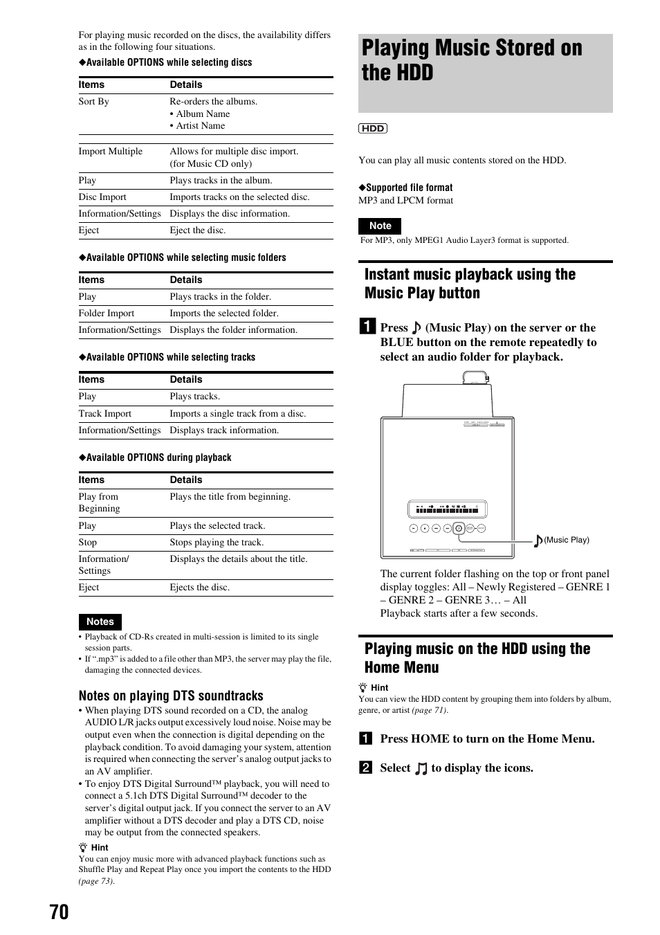 Playing music stored on the hdd, Instant music playback using the music play button, Playing music on the hdd using the home menu | Instant music playback using the music play, Button, Playing music on the hdd using the home, Menu | Sony HES-V1000 User Manual | Page 70 / 155