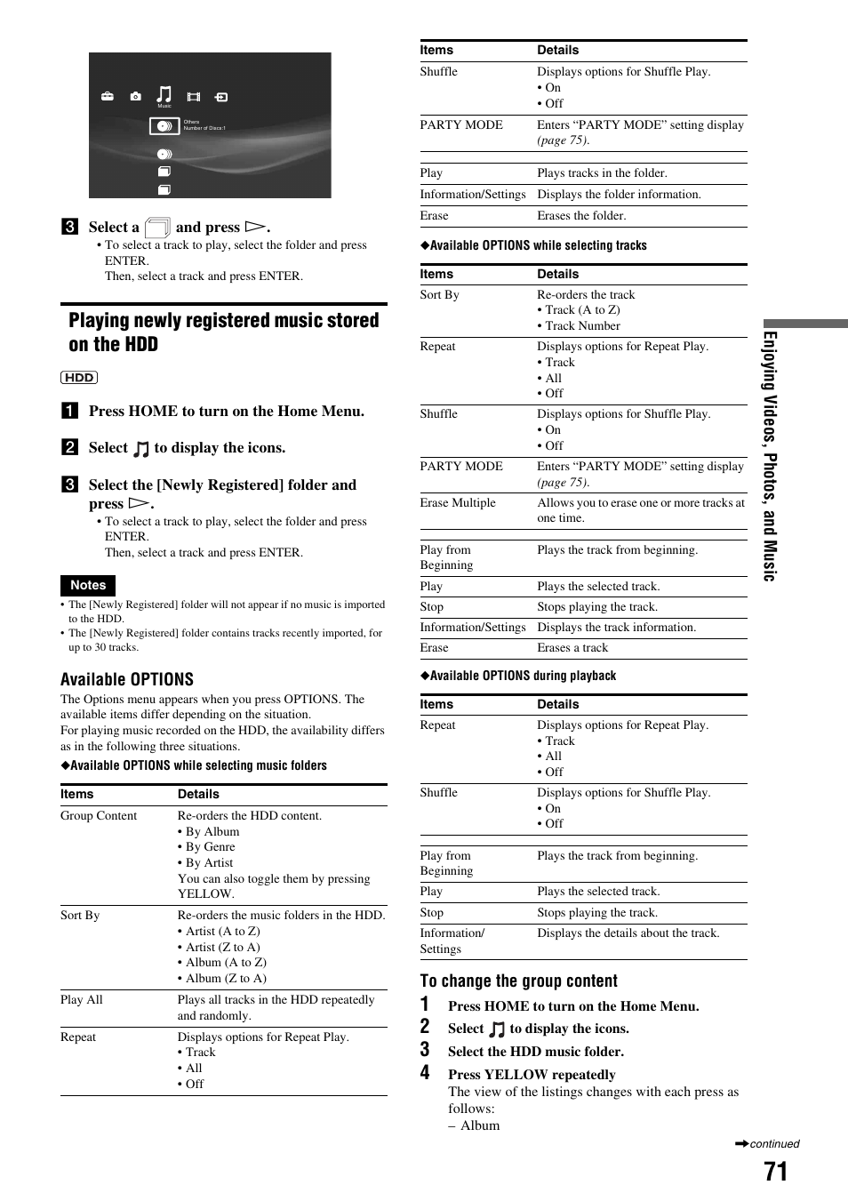 Playing newly registered music stored on the hdd, Playing newly registered music stored on the, Enjoying v ideos , p hotos, and m u si c | Available options | Sony HES-V1000 User Manual | Page 71 / 155