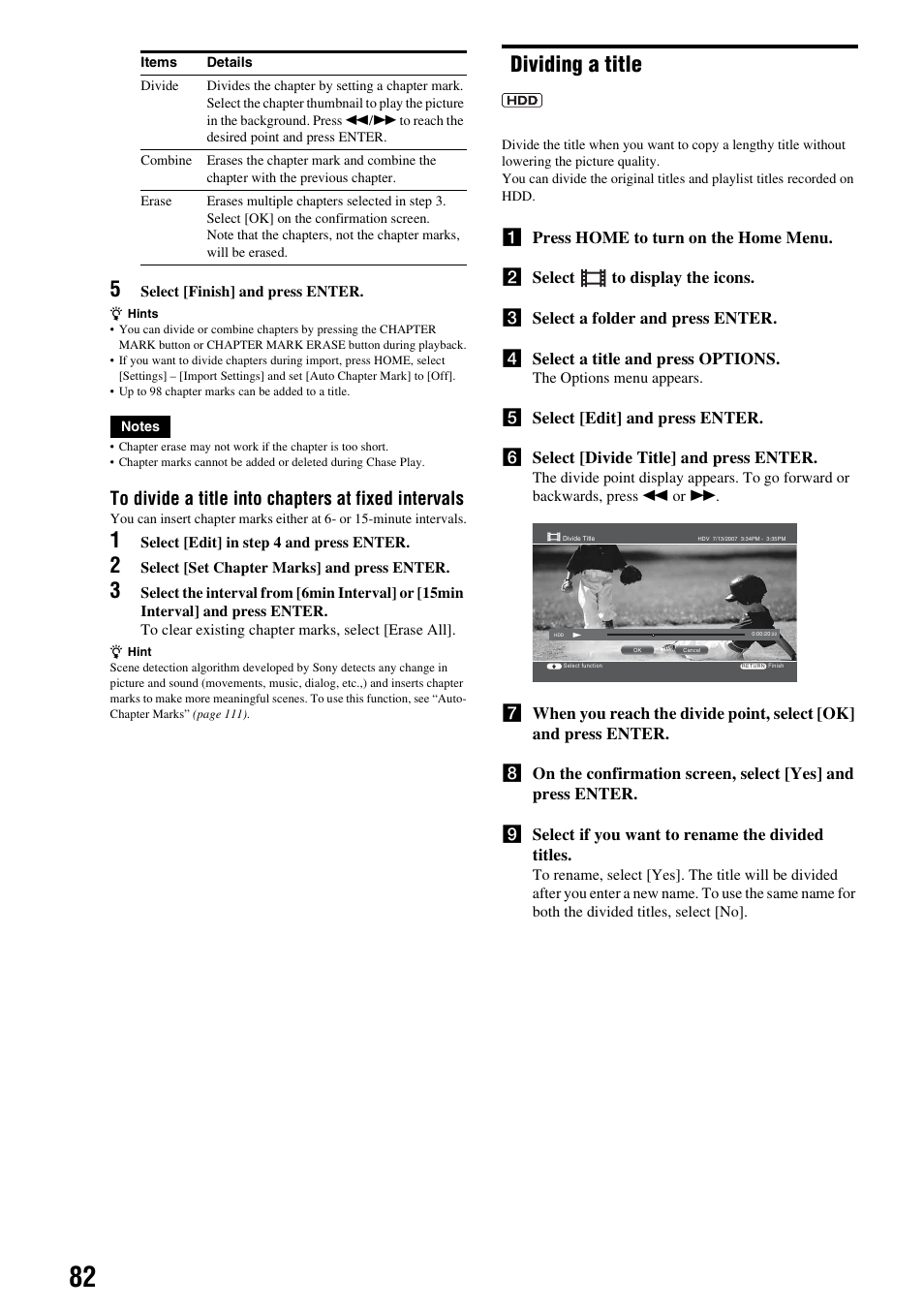 Dividing a title | Sony HES-V1000 User Manual | Page 82 / 155