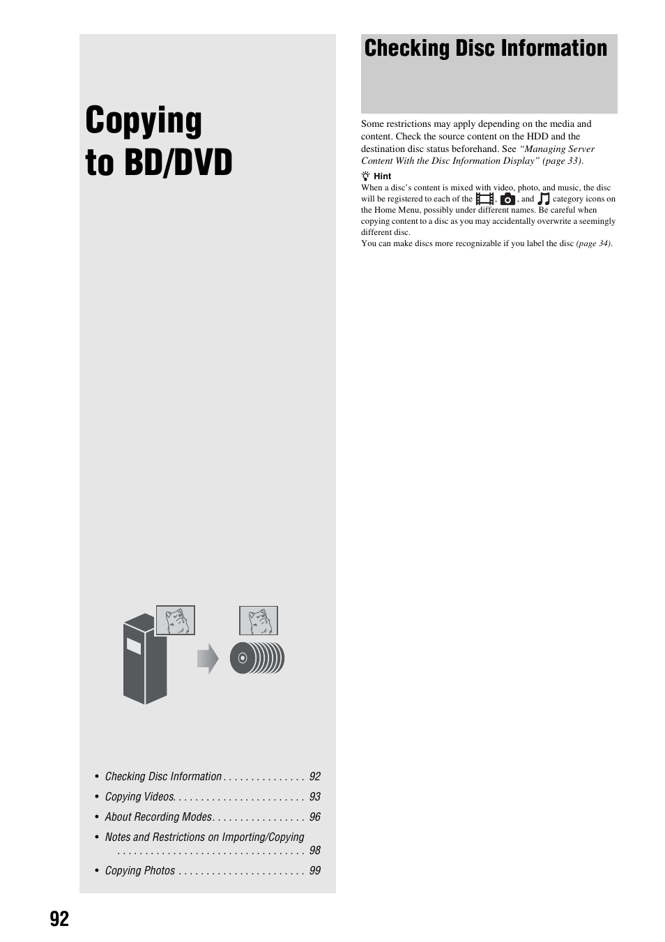 Copying to bd/dvd, Checking disc information | Sony HES-V1000 User Manual | Page 92 / 155