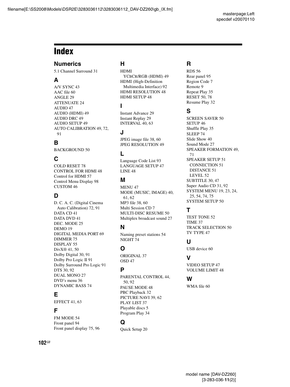 Index | Sony DAV-DZ260 User Manual | Page 102 / 104