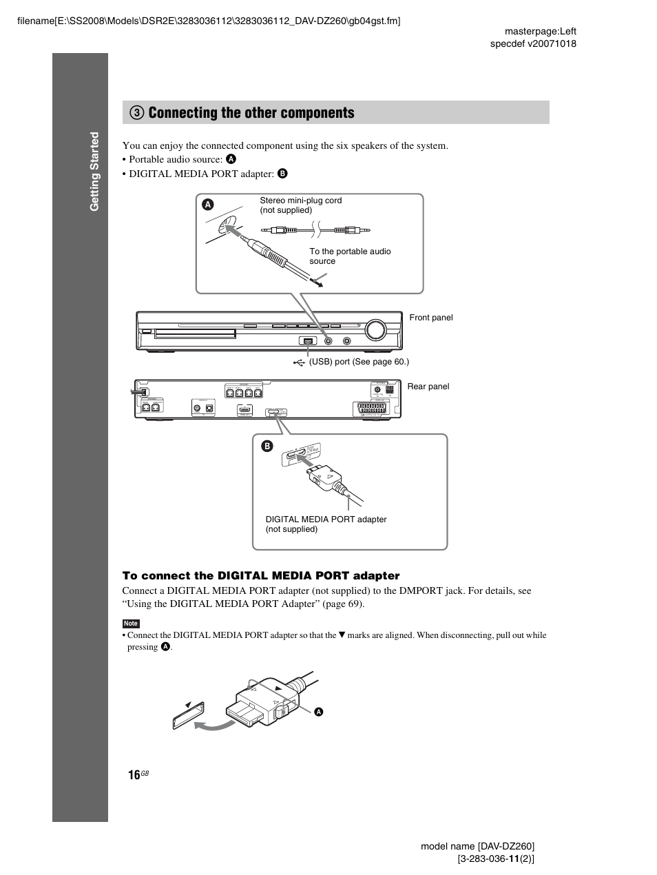 3 connecting the other components, 3connecting the other components, Ge tting star te d | Sony DAV-DZ260 User Manual | Page 16 / 104
