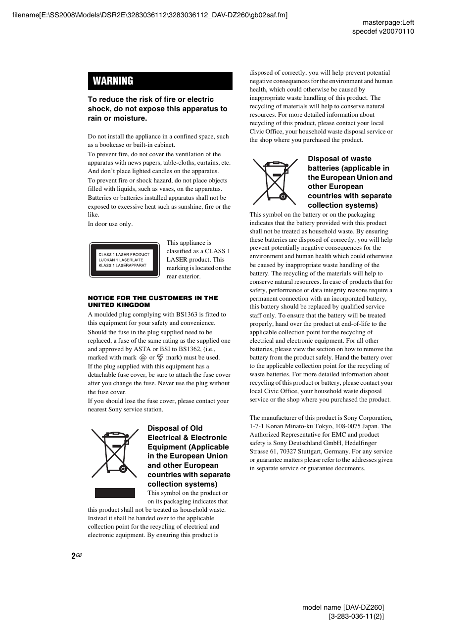Warning | Sony DAV-DZ260 User Manual | Page 2 / 104