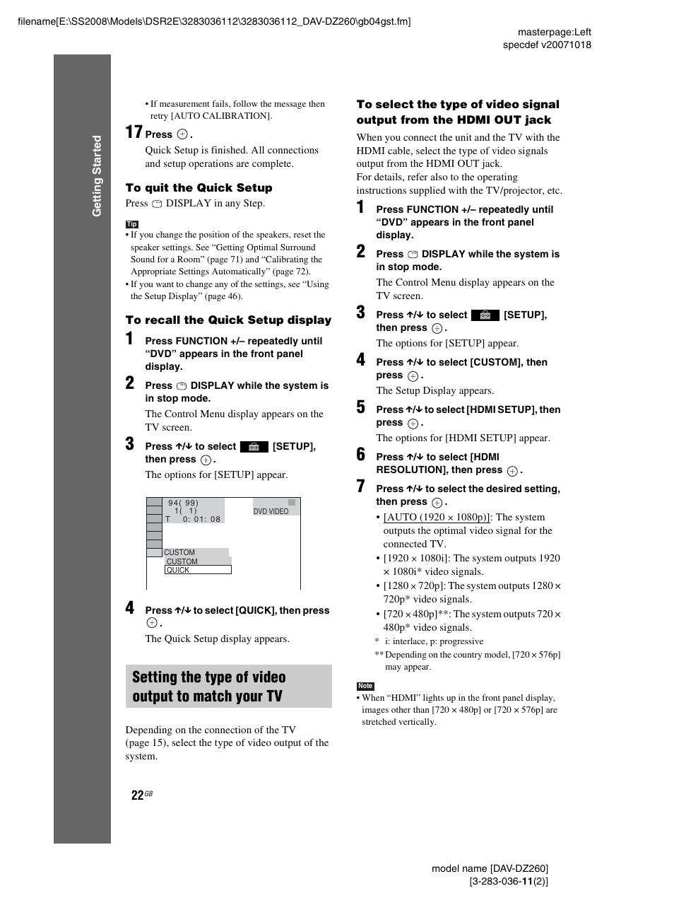 Setting the type of video output to match your tv | Sony DAV-DZ260 User Manual | Page 22 / 104