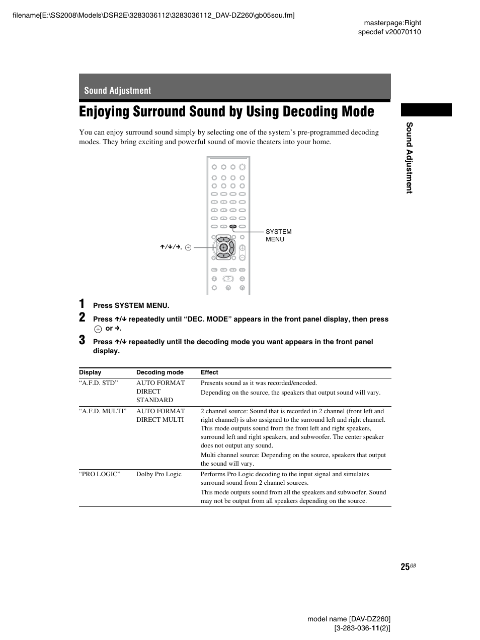 Sound adjustment, Enjoying surround sound by using decoding mode, Enjoying surround sound by using | Decoding mode | Sony DAV-DZ260 User Manual | Page 25 / 104