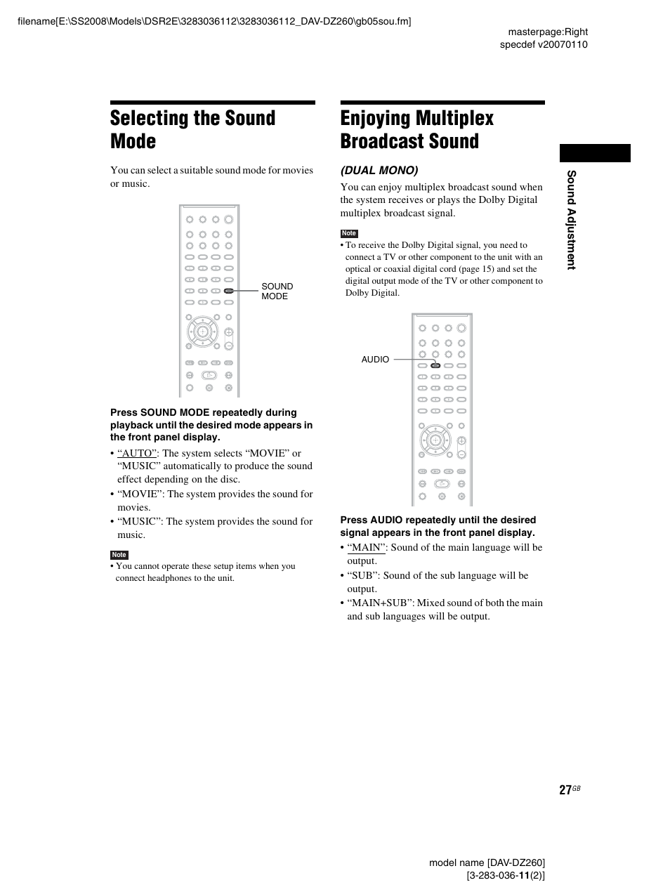 Selecting the sound mode, Enjoying multiplex broadcast sound, Sound | Sony DAV-DZ260 User Manual | Page 27 / 104