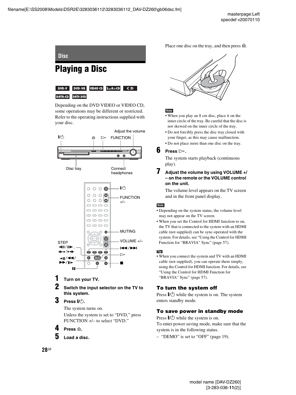 Disc, Playing a disc | Sony DAV-DZ260 User Manual | Page 28 / 104