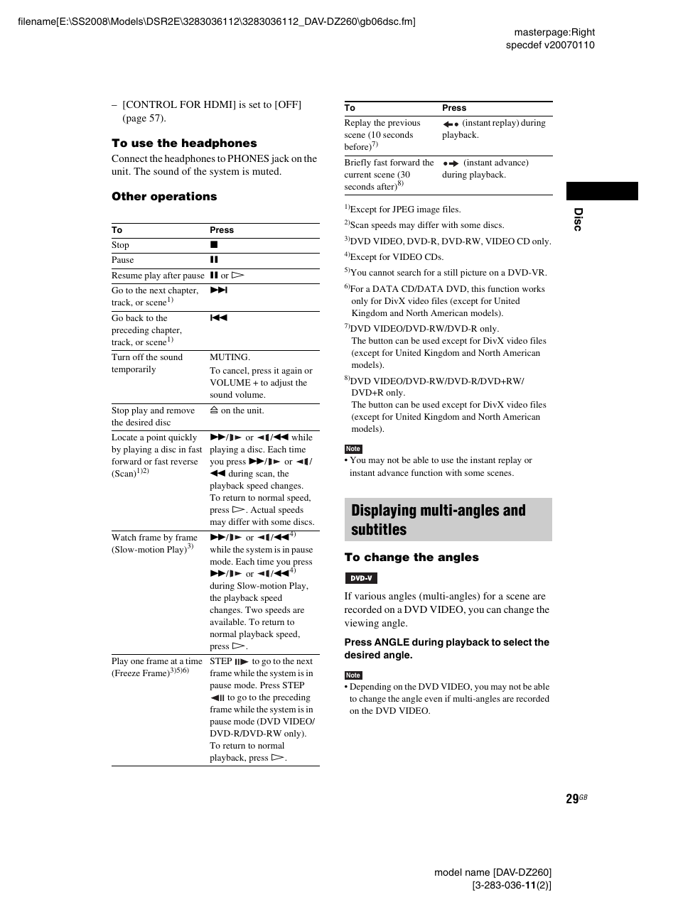 Displaying multi-angles and subtitles | Sony DAV-DZ260 User Manual | Page 29 / 104