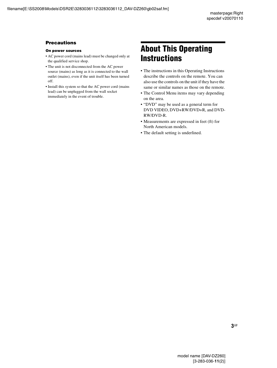 About this operating instructions | Sony DAV-DZ260 User Manual | Page 3 / 104