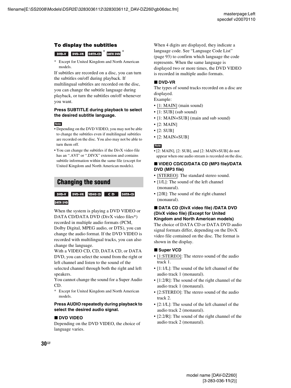 Changing the sound | Sony DAV-DZ260 User Manual | Page 30 / 104