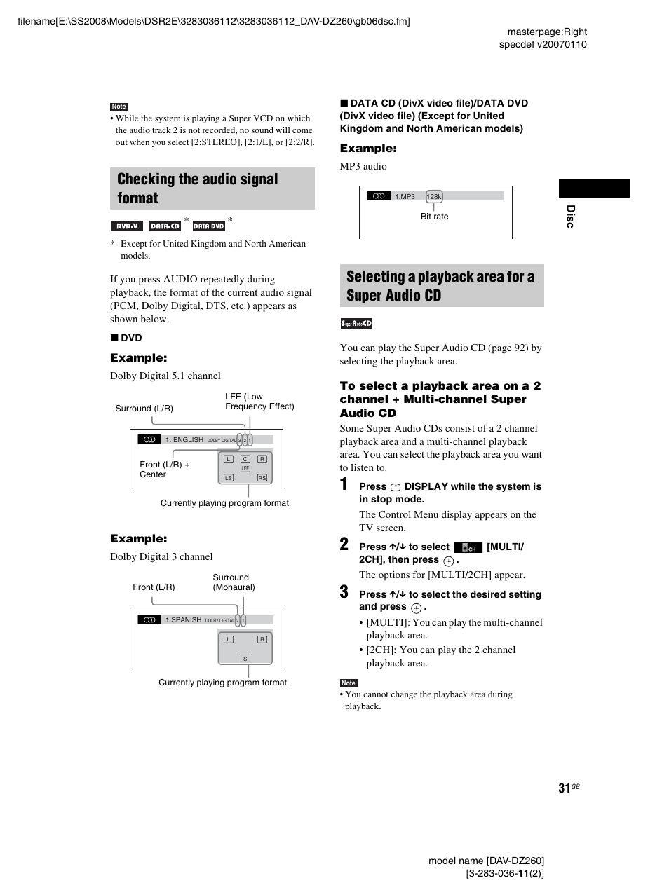 Checking the audio signal format, Selecting a playback area for a super audio cd | Sony DAV-DZ260 User Manual | Page 31 / 104