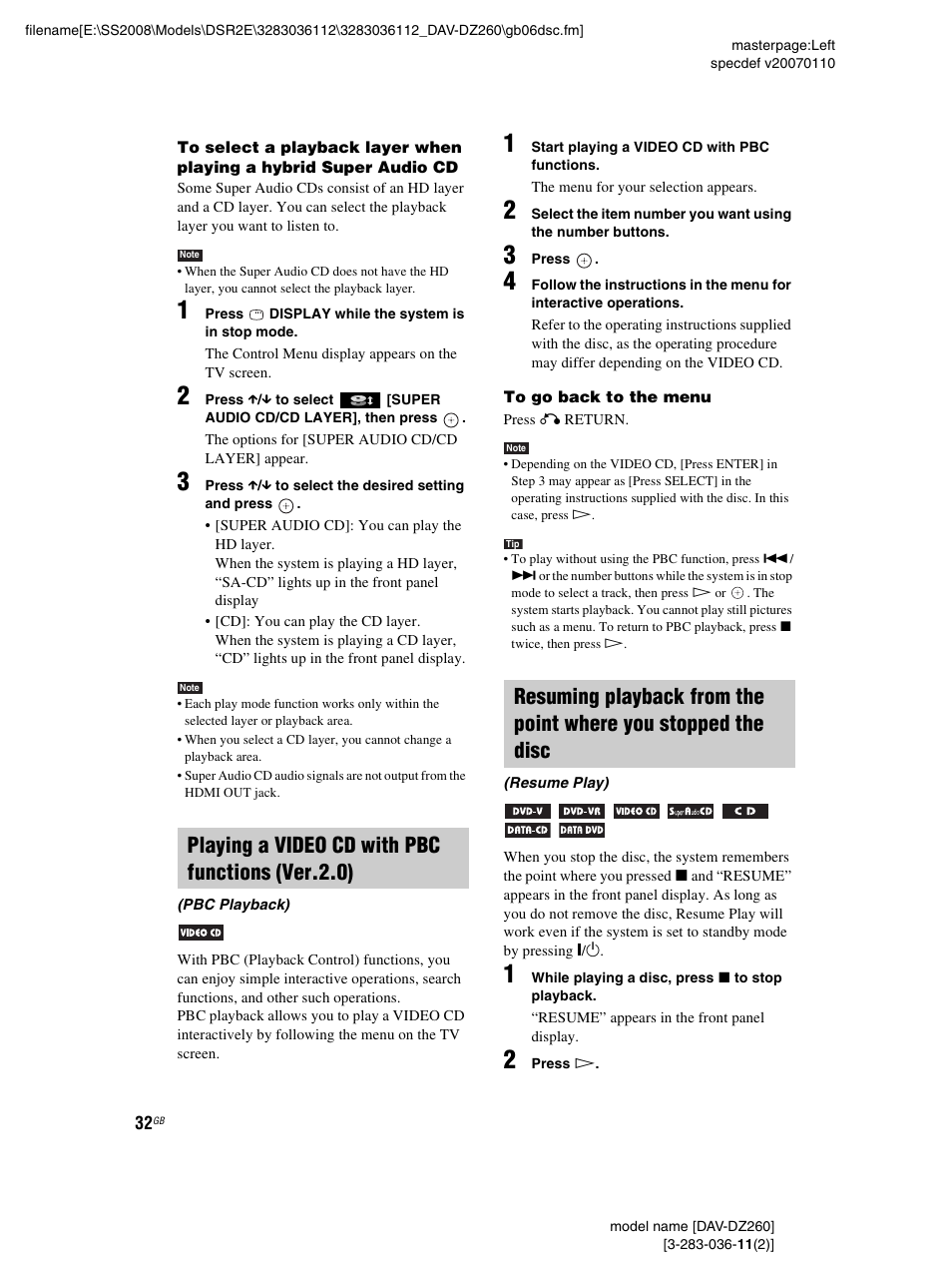Playing a video cd with pbc functions (ver.2.0) | Sony DAV-DZ260 User Manual | Page 32 / 104