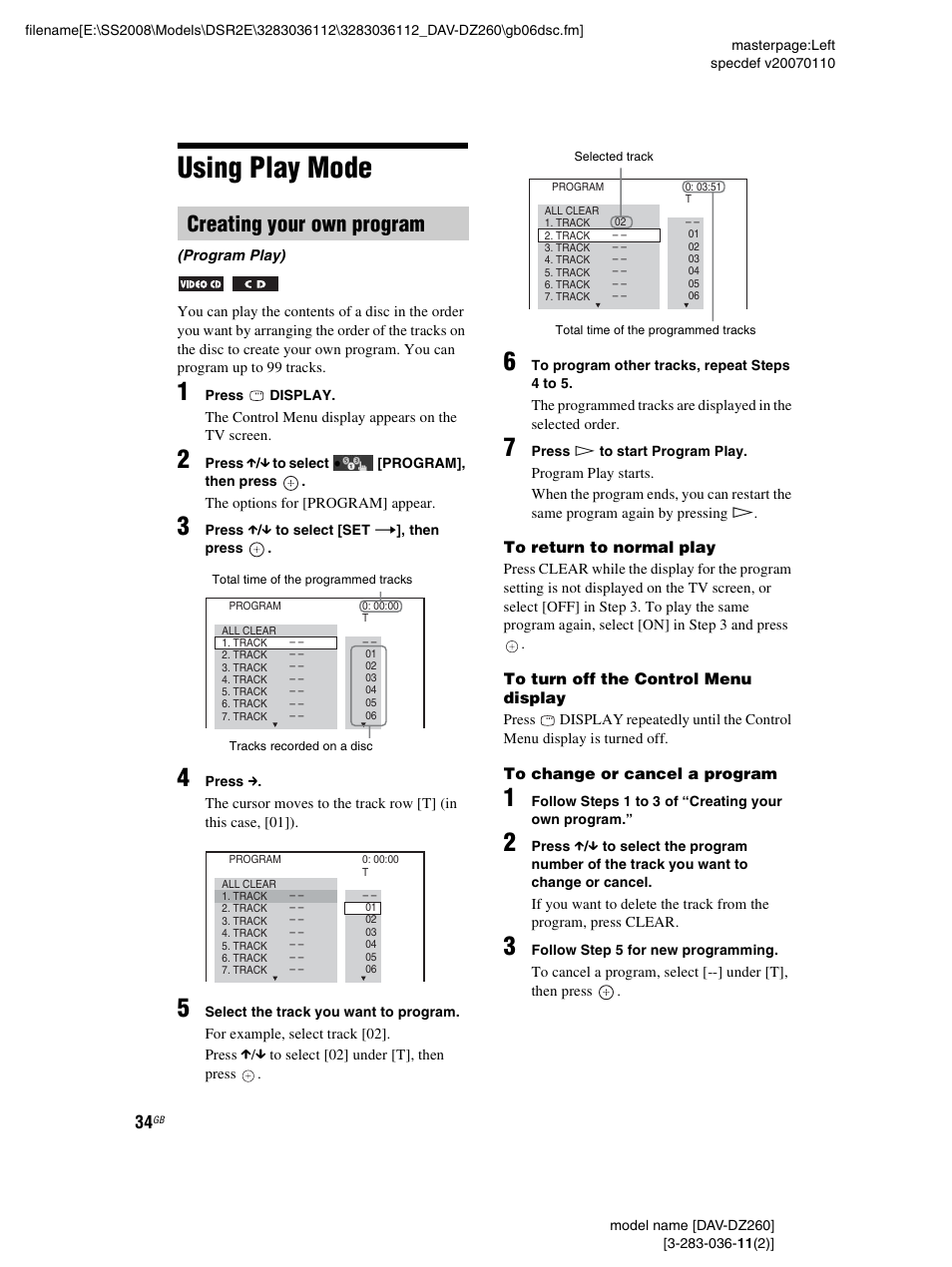 Using play mode, Creating your own program | Sony DAV-DZ260 User Manual | Page 34 / 104