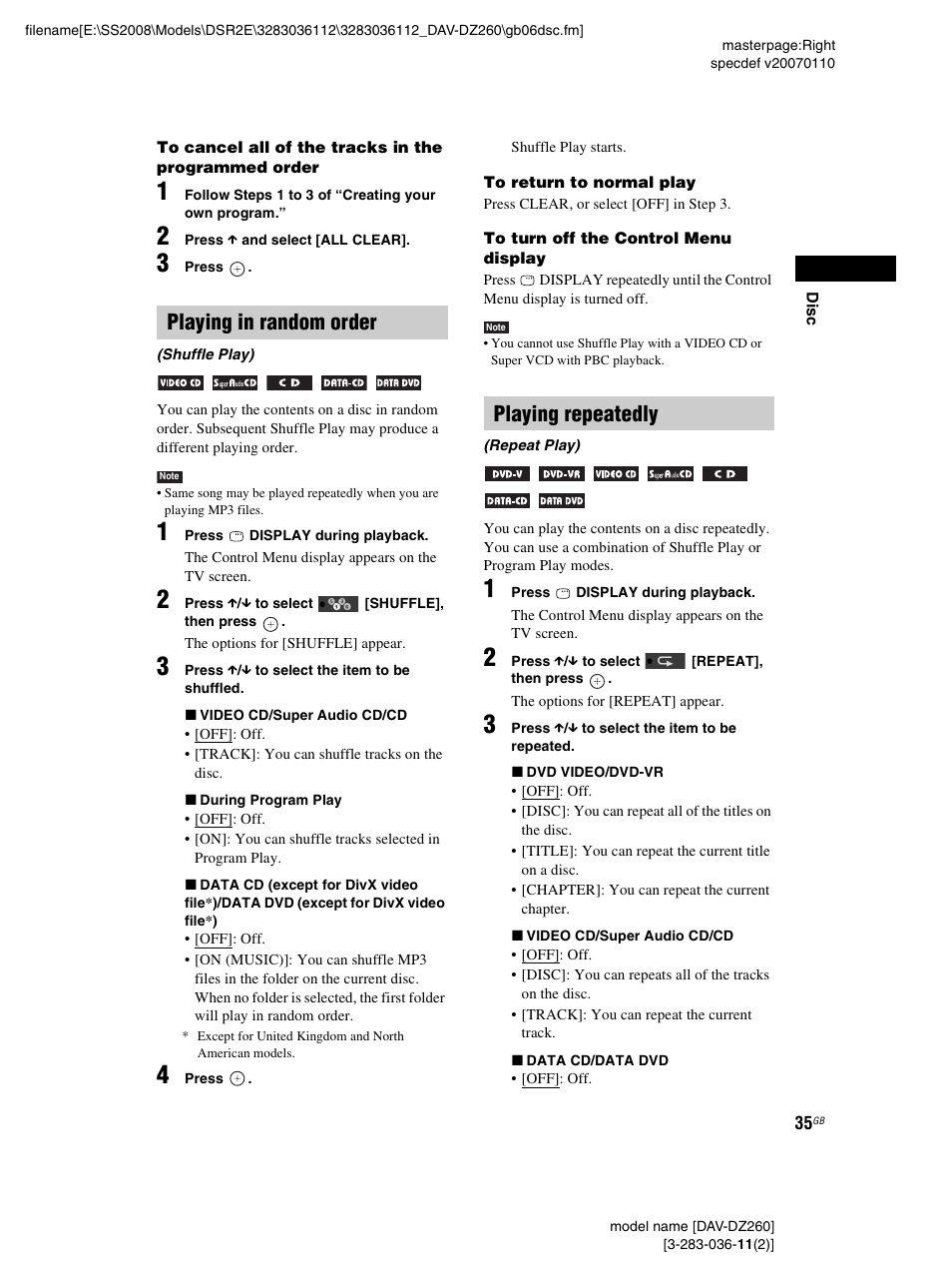 Playing in random order, Playing repeatedly | Sony DAV-DZ260 User Manual | Page 35 / 104