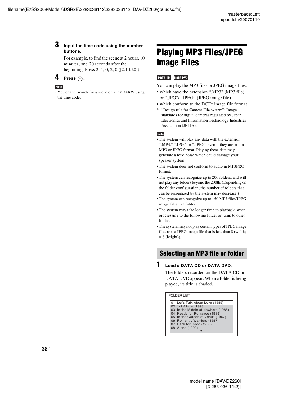 Playing mp3 files/jpeg image files, Selecting an mp3 file or folder | Sony DAV-DZ260 User Manual | Page 38 / 104