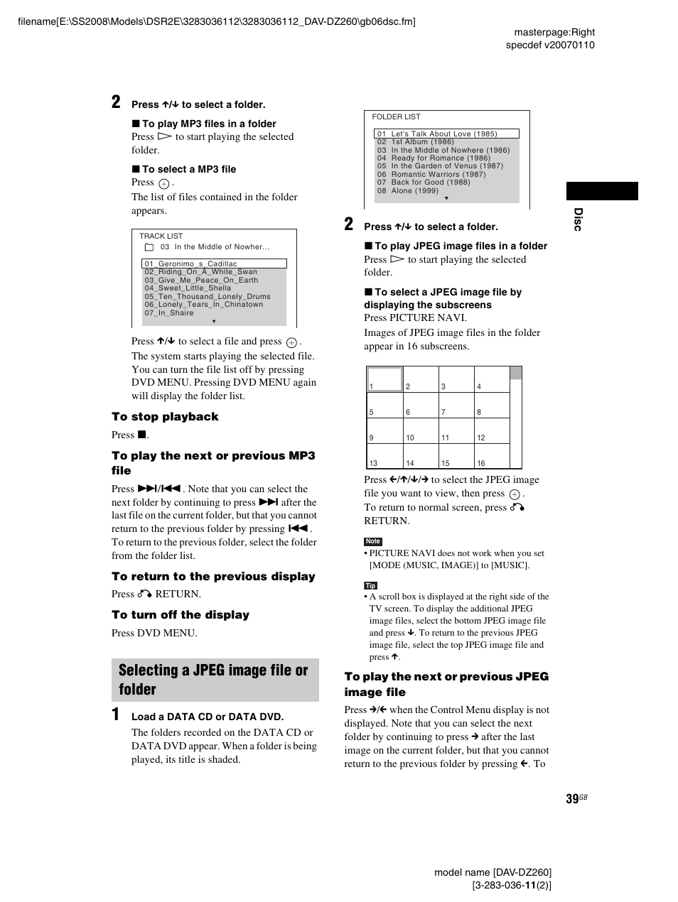 Selecting a jpeg image file or folder | Sony DAV-DZ260 User Manual | Page 39 / 104
