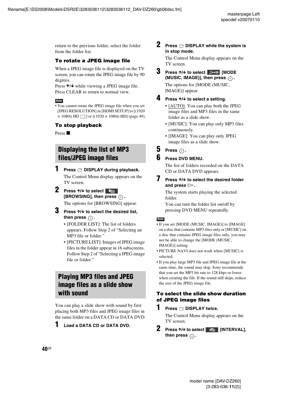 Displaying the list of mp3 files/jpeg image files | Sony DAV-DZ260 User Manual | Page 40 / 104