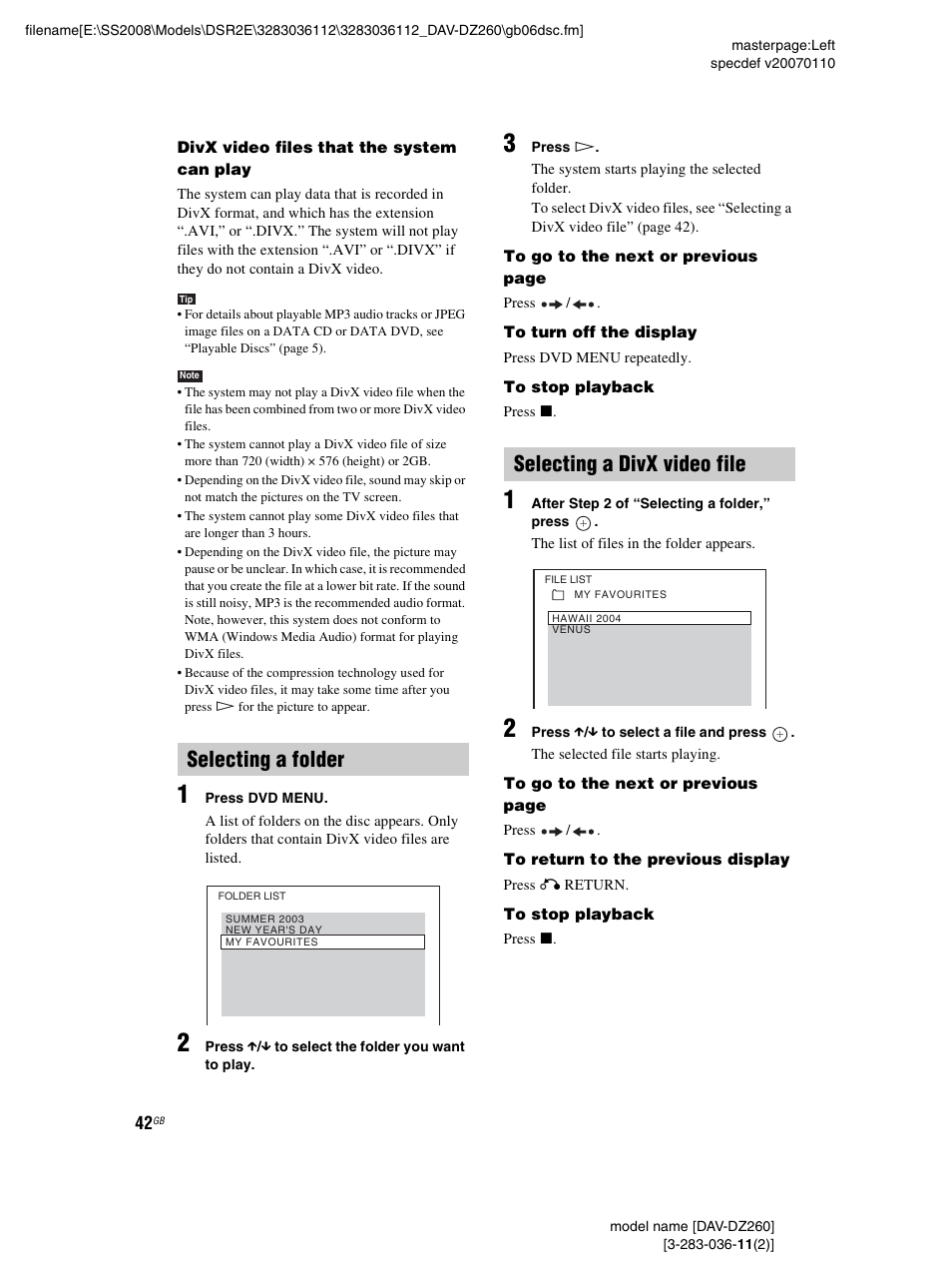 Selecting a folder, Selecting a divx video file | Sony DAV-DZ260 User Manual | Page 42 / 104