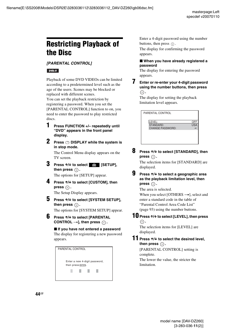 Restricting playback of the disc | Sony DAV-DZ260 User Manual | Page 44 / 104