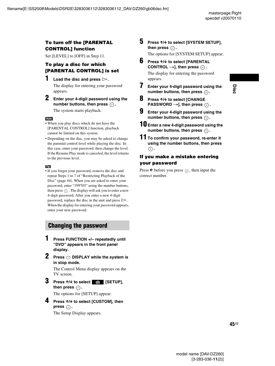 Changing the password | Sony DAV-DZ260 User Manual | Page 45 / 104