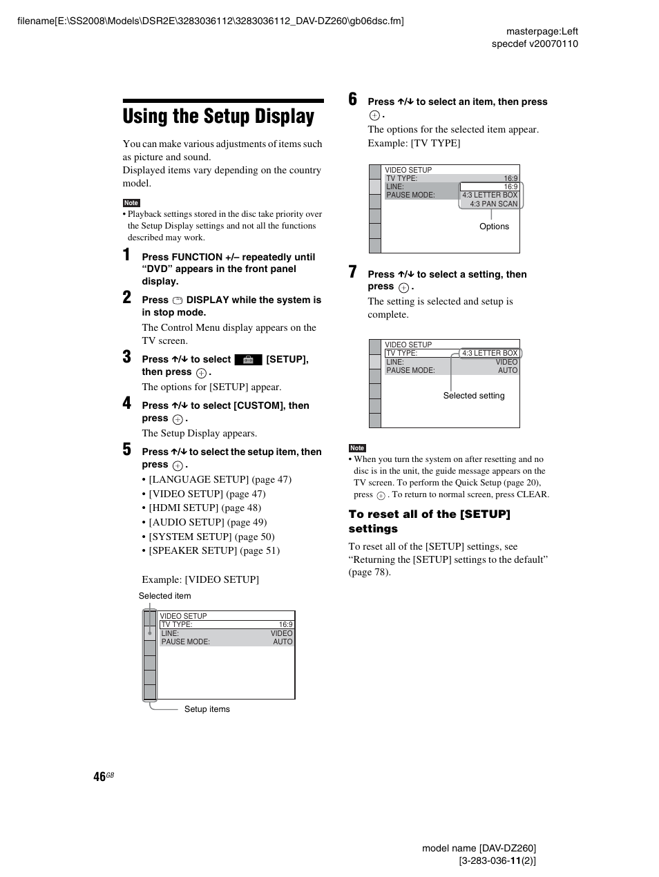 Using the setup display, Using | Sony DAV-DZ260 User Manual | Page 46 / 104