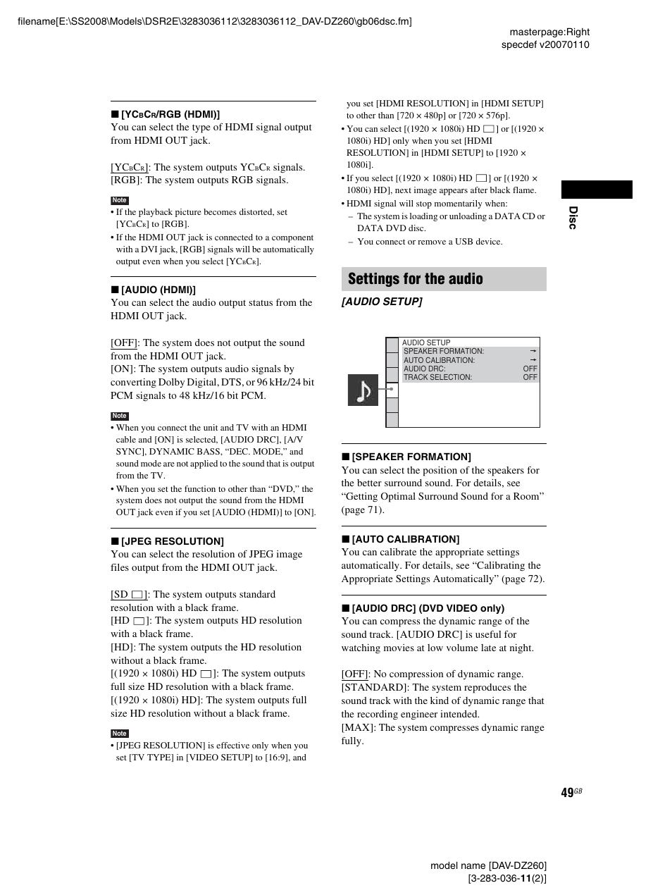Settings for the audio | Sony DAV-DZ260 User Manual | Page 49 / 104