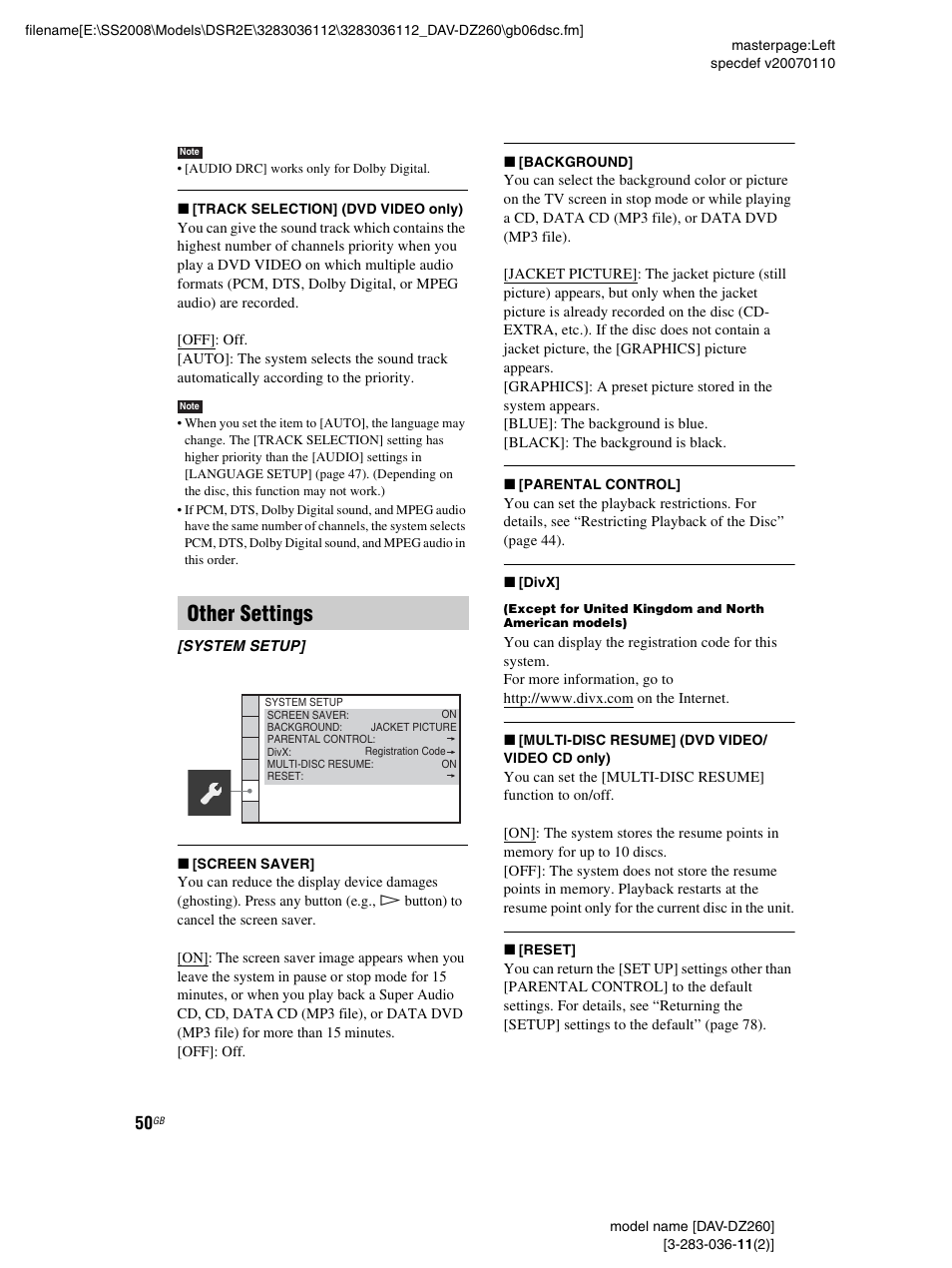 Other settings | Sony DAV-DZ260 User Manual | Page 50 / 104