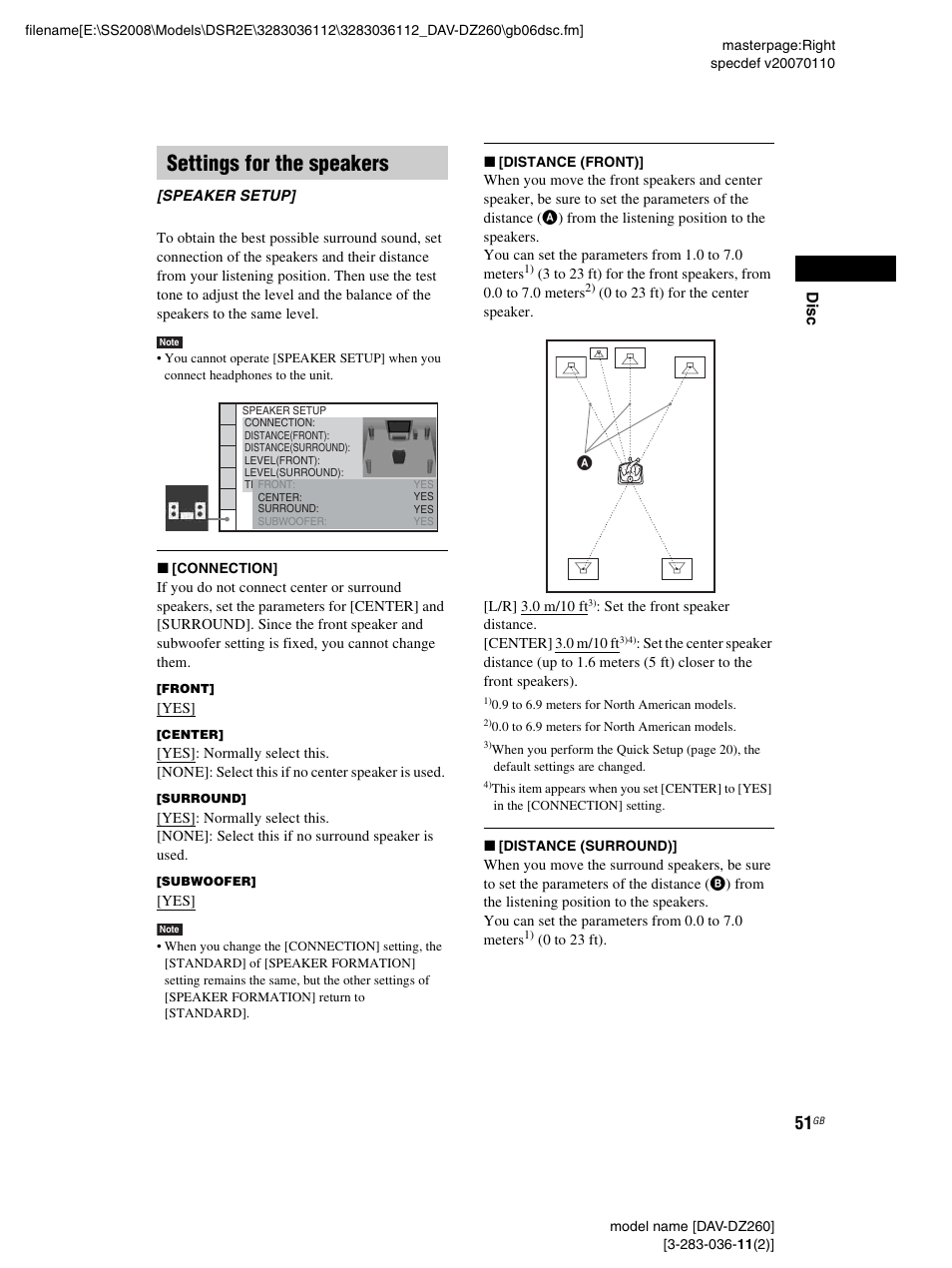 Settings for the speakers | Sony DAV-DZ260 User Manual | Page 51 / 104