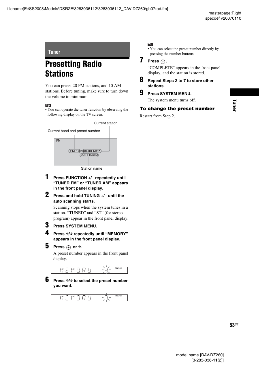 Tuner, Presetting radio stations | Sony DAV-DZ260 User Manual | Page 53 / 104