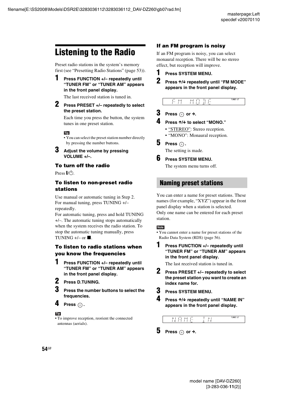 Listening to the radio, Naming preset stations | Sony DAV-DZ260 User Manual | Page 54 / 104
