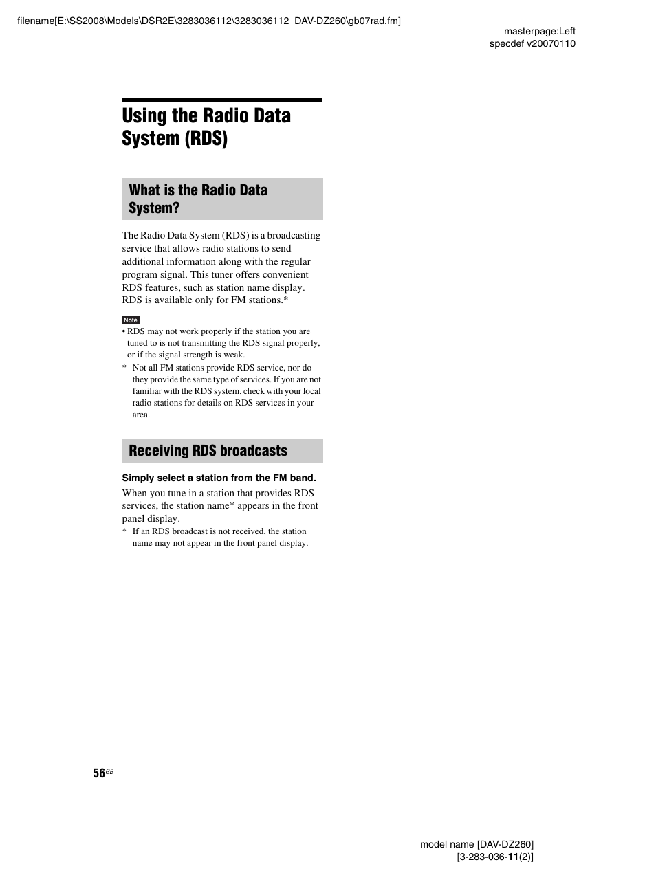 Using the radio data system (rds), What is the radio data system, Receiving rds broadcasts | Using the radio data system, Rds) | Sony DAV-DZ260 User Manual | Page 56 / 104